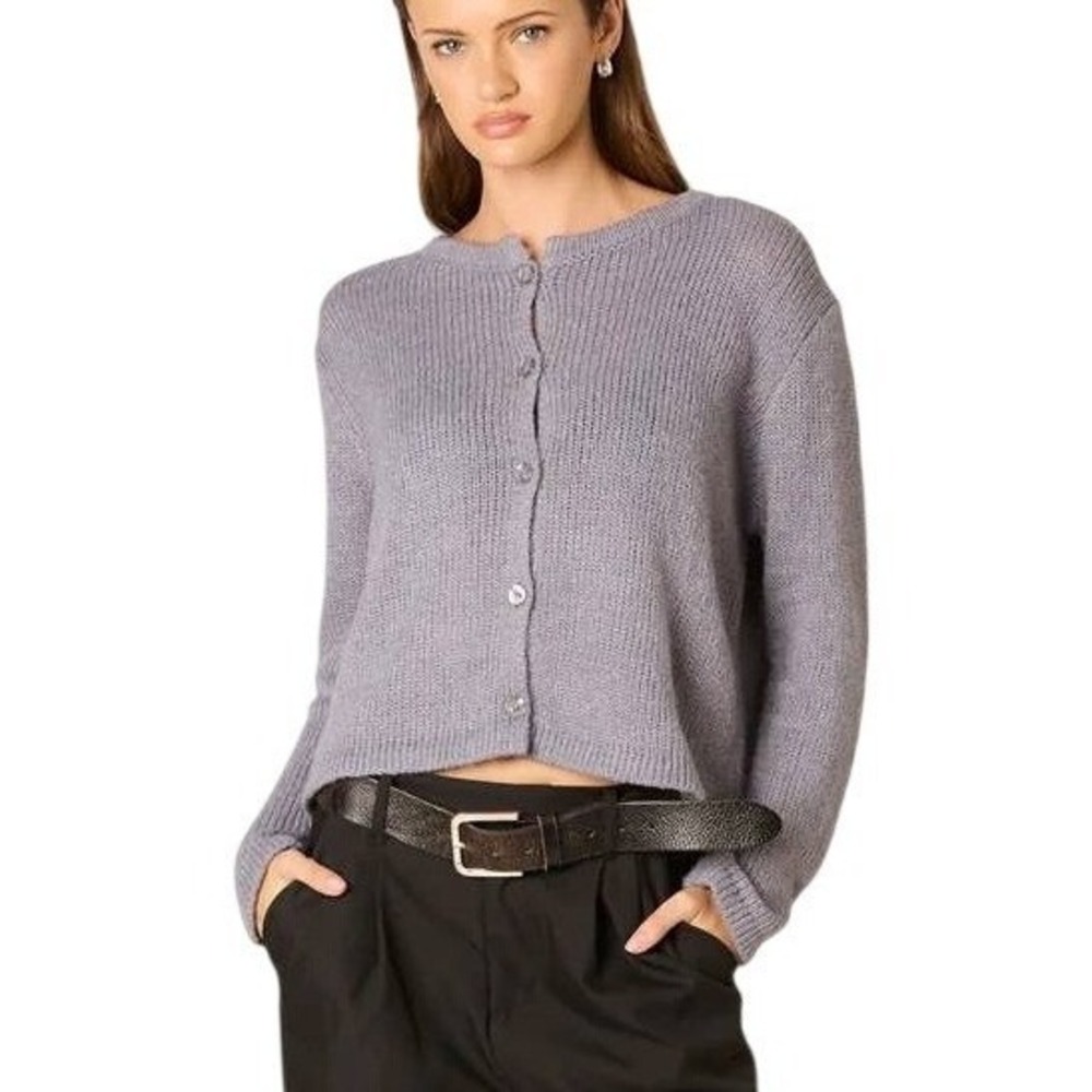Nia Ariana Cardigan Sweater Womens S/M Gray Cropped Relaxed Fit Boxy Minimalist - Picture 1 of 15